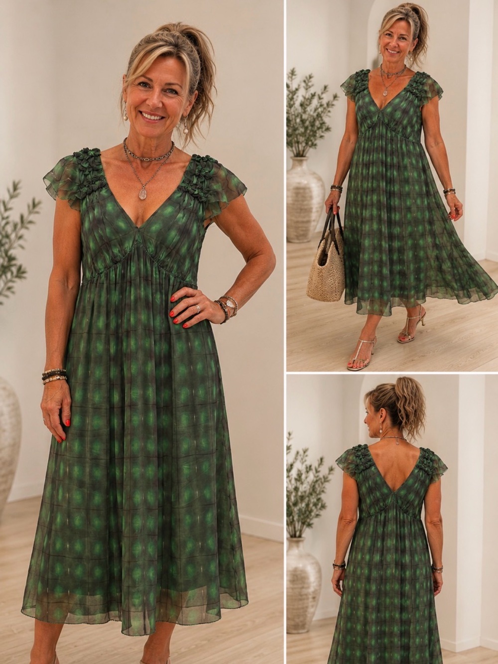 Leon Max  Silk Green Printed Mini Dress with Ruffle Shoulders